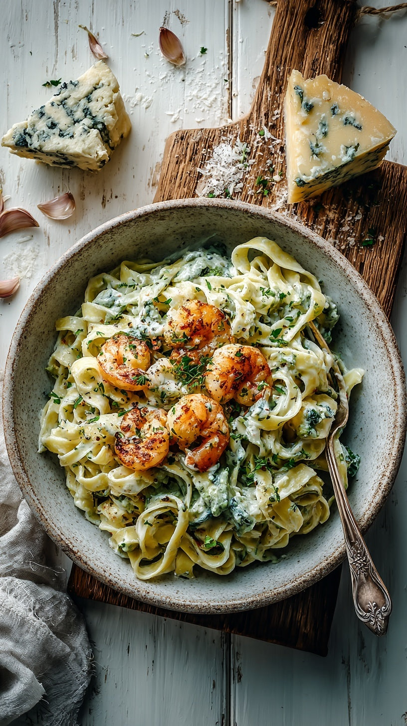 LOW CARB Garlic Prawn Fettuccine with Blue Brie Cheese