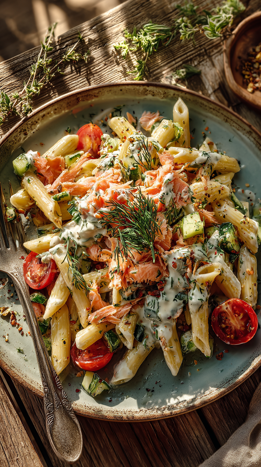 Low Carb Smoked Salmon & Dill Penne Salad (Fresh & Creamy with Qetoe Pasta!)