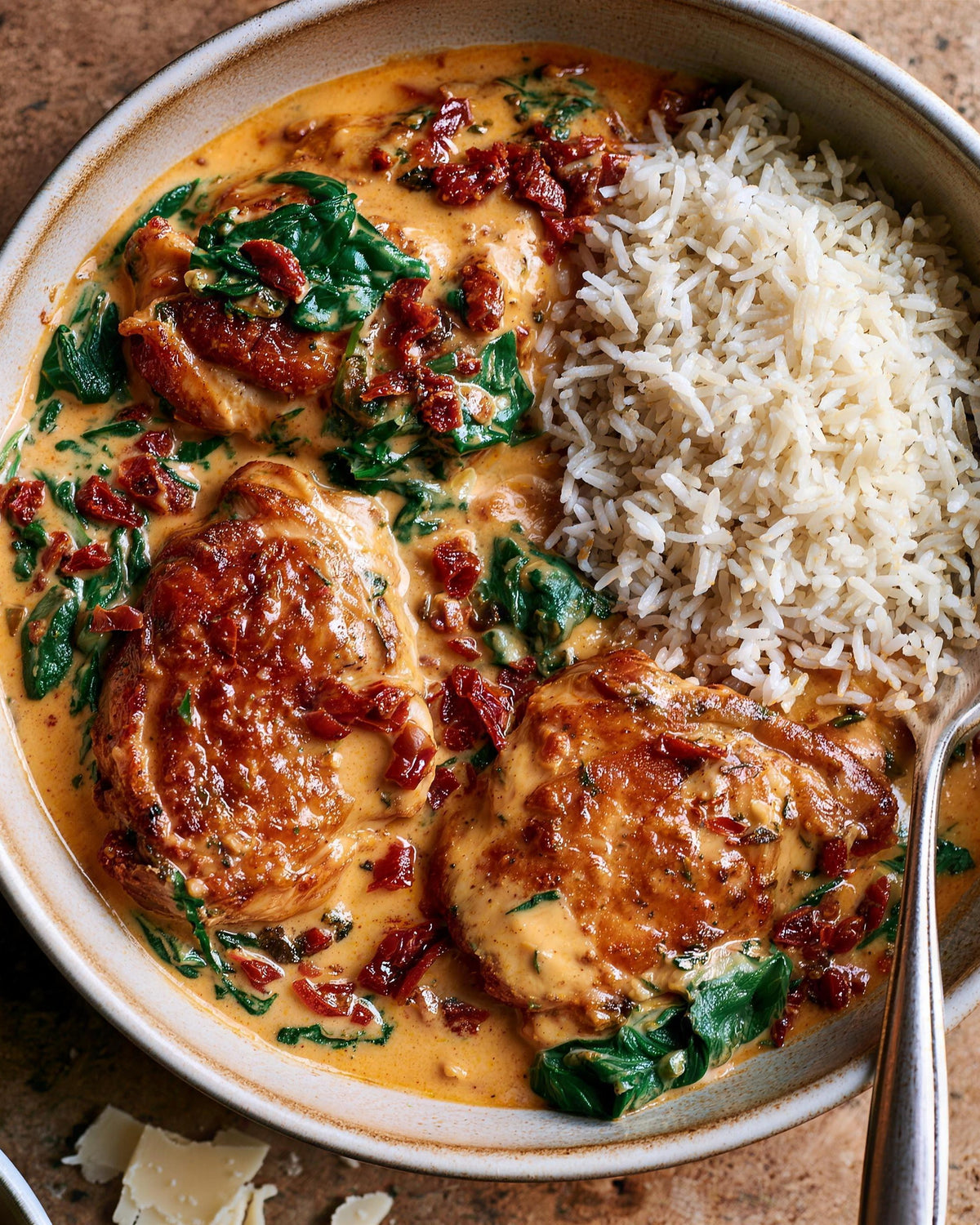 Creamy marry me chicken in a sun-dried tomato sauce over white Qetoe Rice