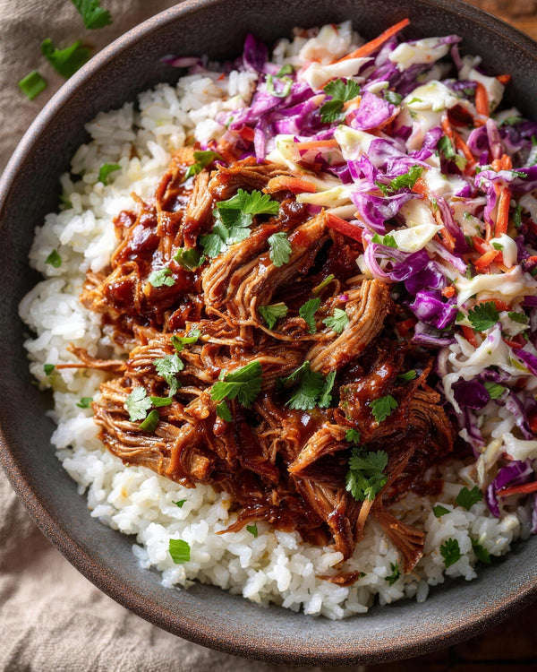 Low Carb Smoky BBQ Pulled Pork & Slaw Bowls with Qetoe Rice