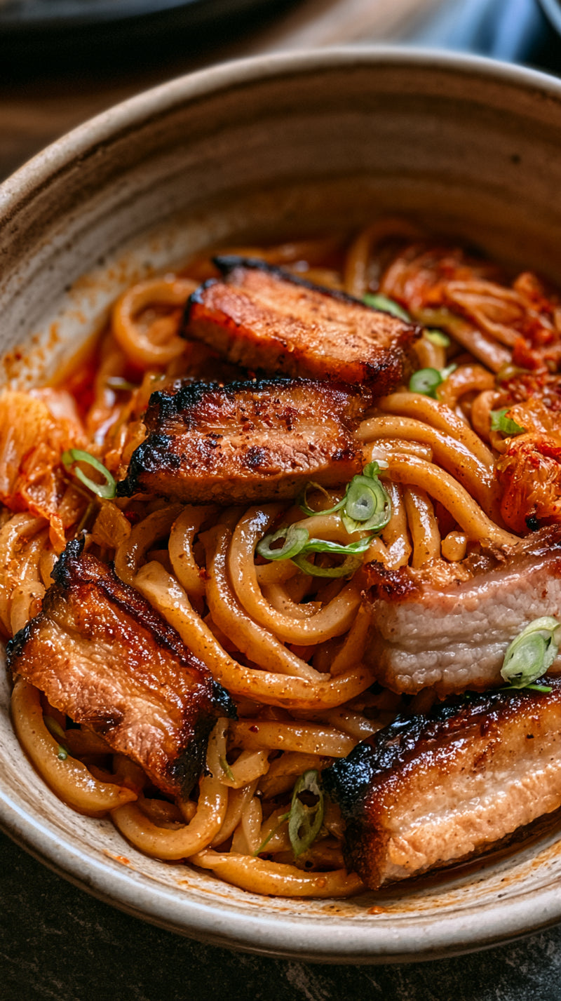 Low Carb Spicy Kimchi & Pork Belly Noodles