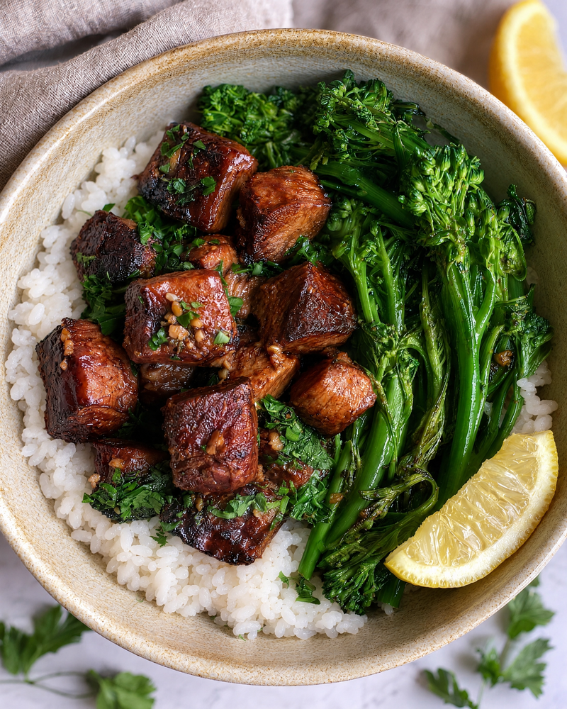 Low Carb Garlic Butter Steak Bites with Qetoe Rice
