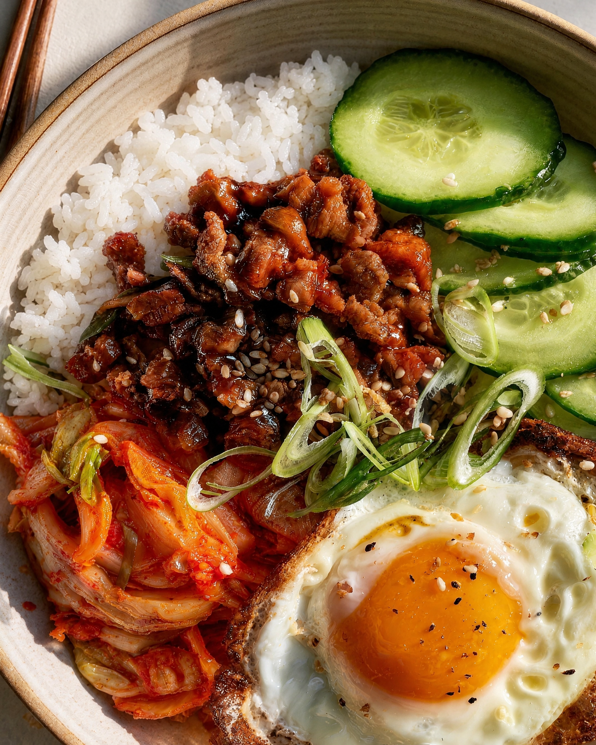 Korean beef rice bowl with kimchi, cucumber and a crispy fried egg over white Qetoe Rice