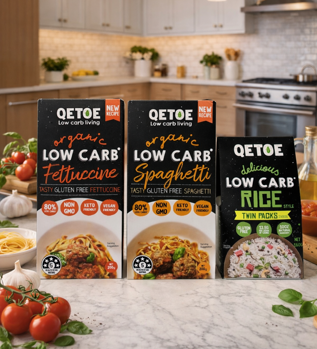 Qetoe Combo Starter Pack. 2 Qetoe Spaghetti pack, 2 Qetoe Fettucine Pack & 2 X Qetoe Rice Pack 160g.