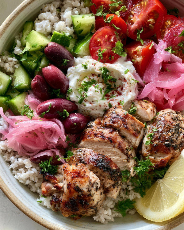 Low Carb Greek Chicken Rice Bowls with Whipped Feta