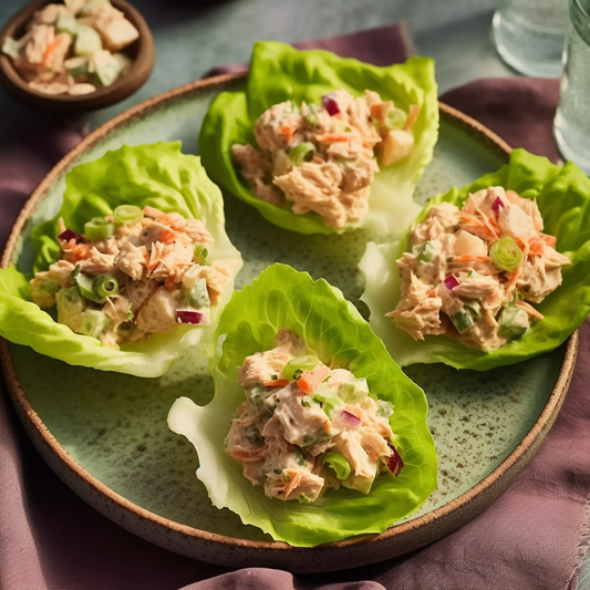 Top-view of creamy tuna salad in fresh butter lettuce cups on a rustic platter.