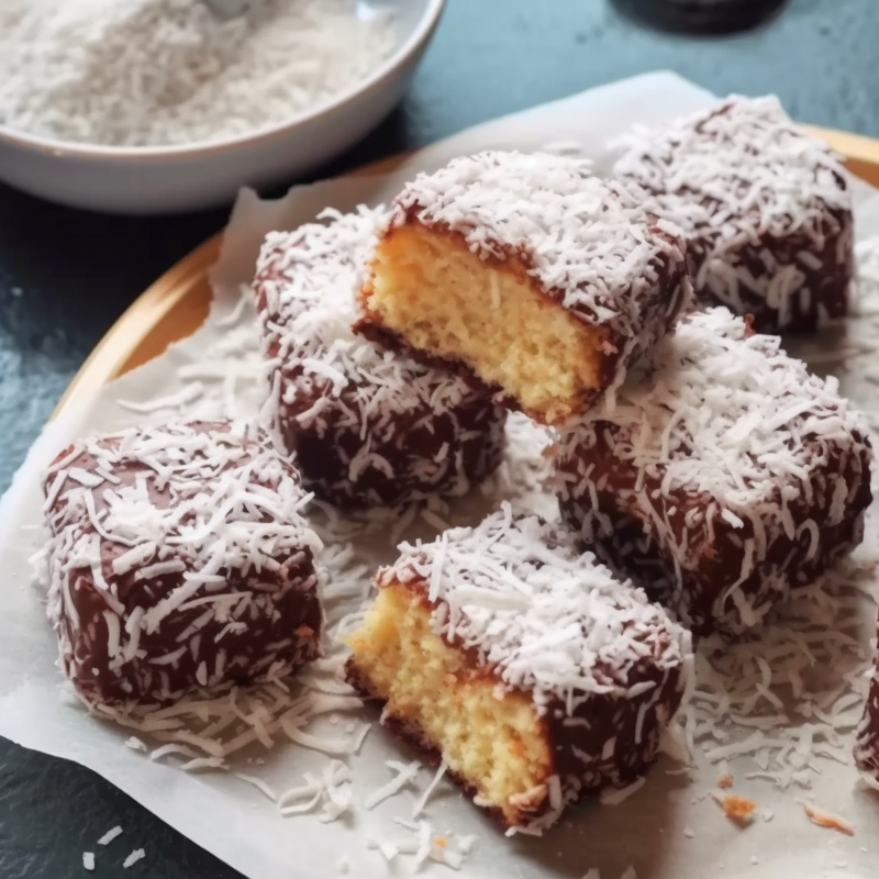 Close-up of homemade keto coconut bars dipped in chocolate and rolled in shredded coconut, arranged on a cooling rack.