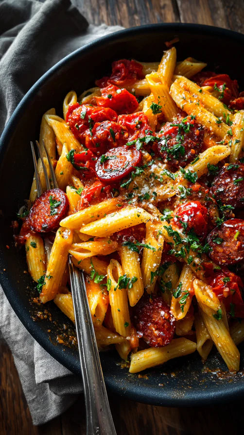 Low Carb Spicy Chorizo & Tomato Penne