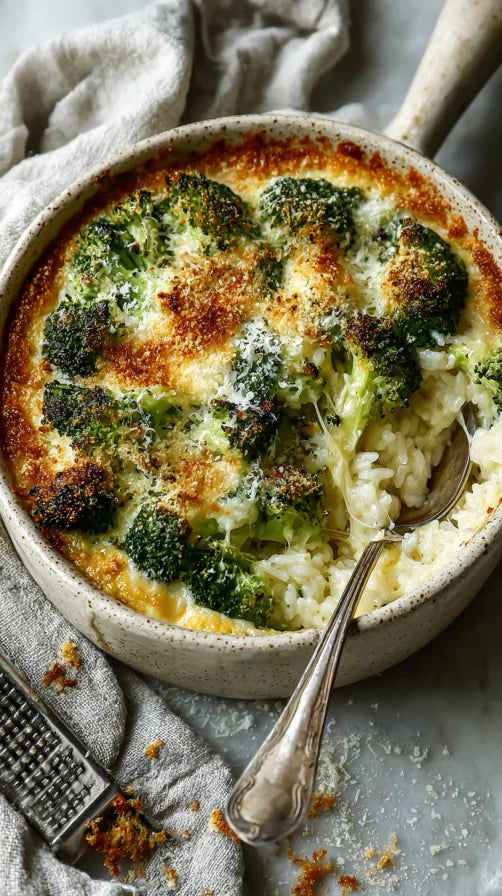 Low Carb Cheesy Broccoli Rice Gratin
