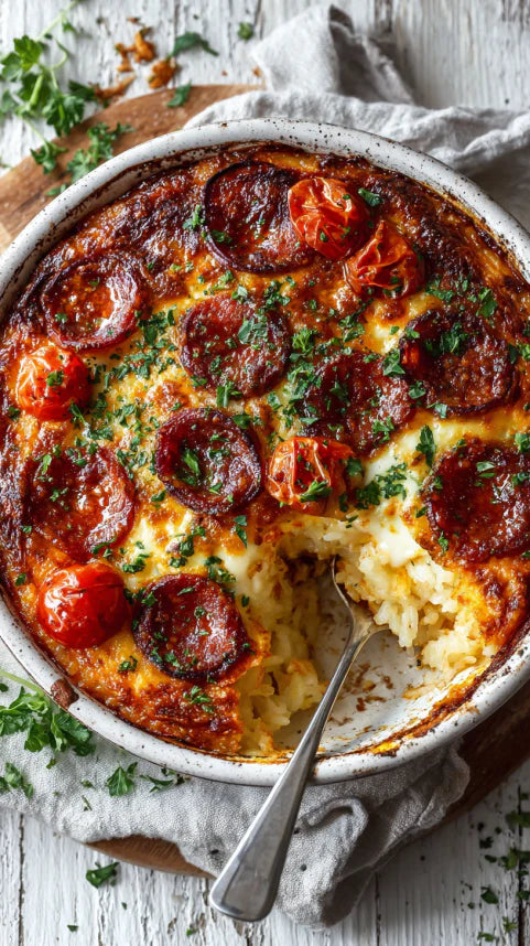 Low Carb Spicy Chorizo & Tomato Rice Gratin