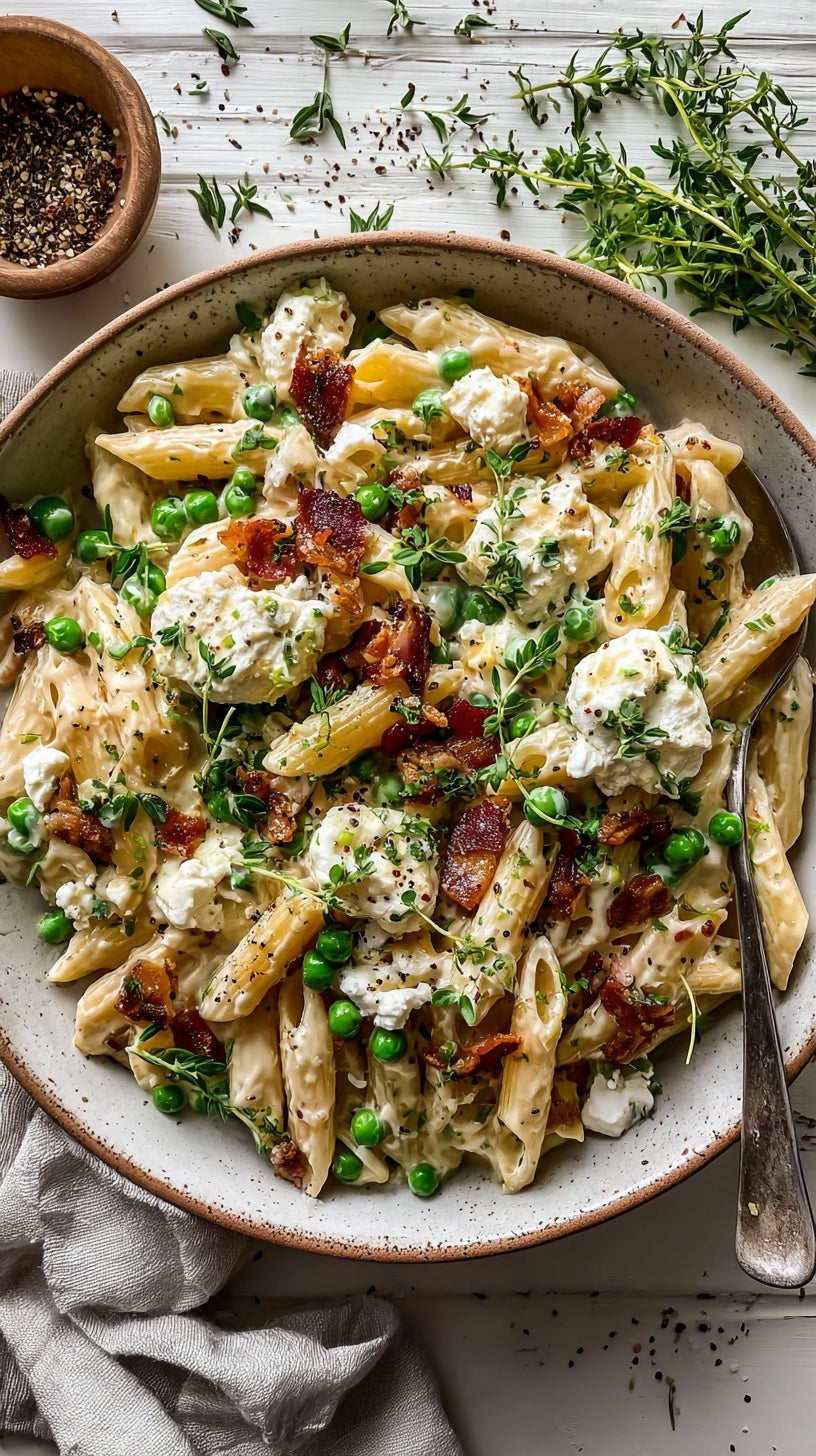 LOW CARB Creamy Goat Cheese Penne with Crispy Pancetta & Peas