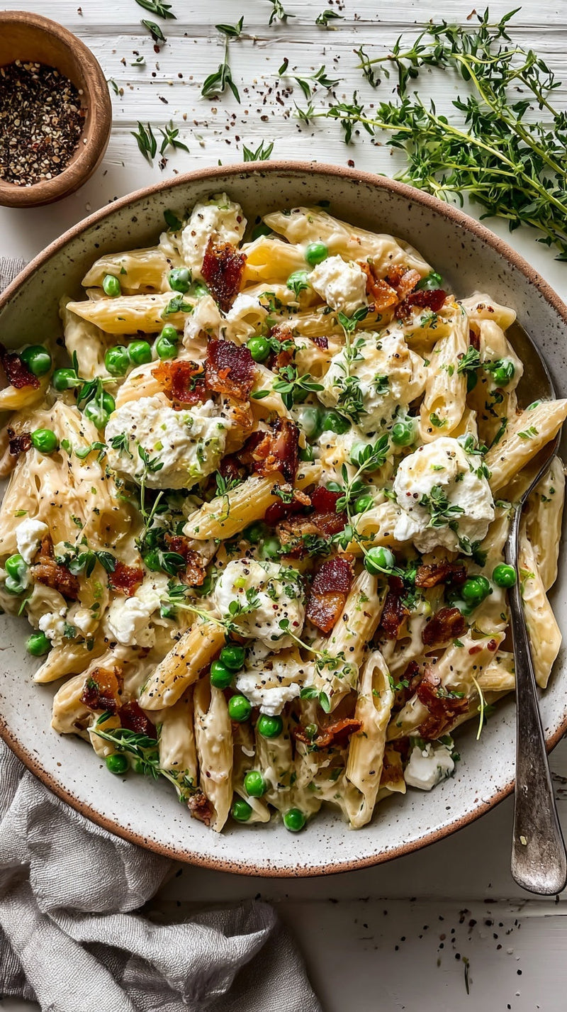 LOW CARB Creamy Goat Cheese Penne with Crispy Pancetta & Peas
