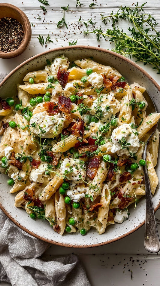 LOW CARB Creamy Goat Cheese Penne with Crispy Pancetta & Peas