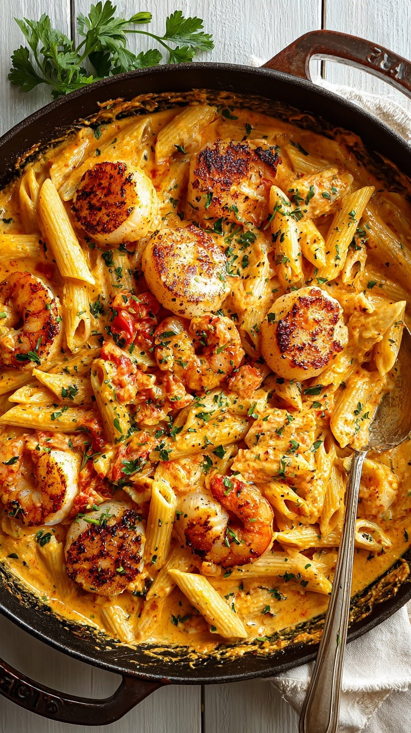 LOW CARB Creamy Marinara Penne with Prawns & Scallops