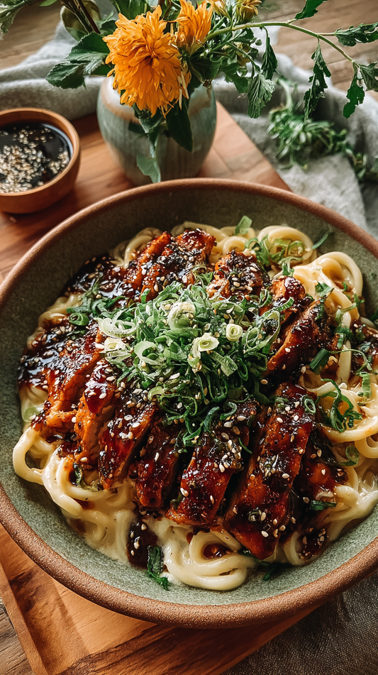 LOW CARB Spicy Teriyaki Chicken with Creamy Garlic Qetoe Noodles