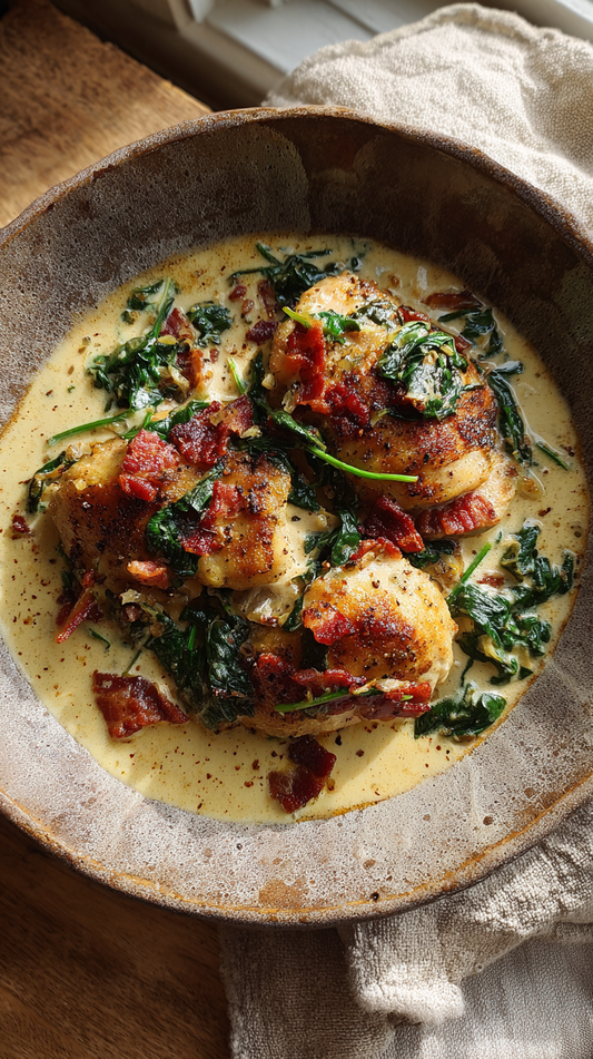 GARLIC BUTTER CHICKEN THIGHS WITH CREAMY SPINACH AND BACON