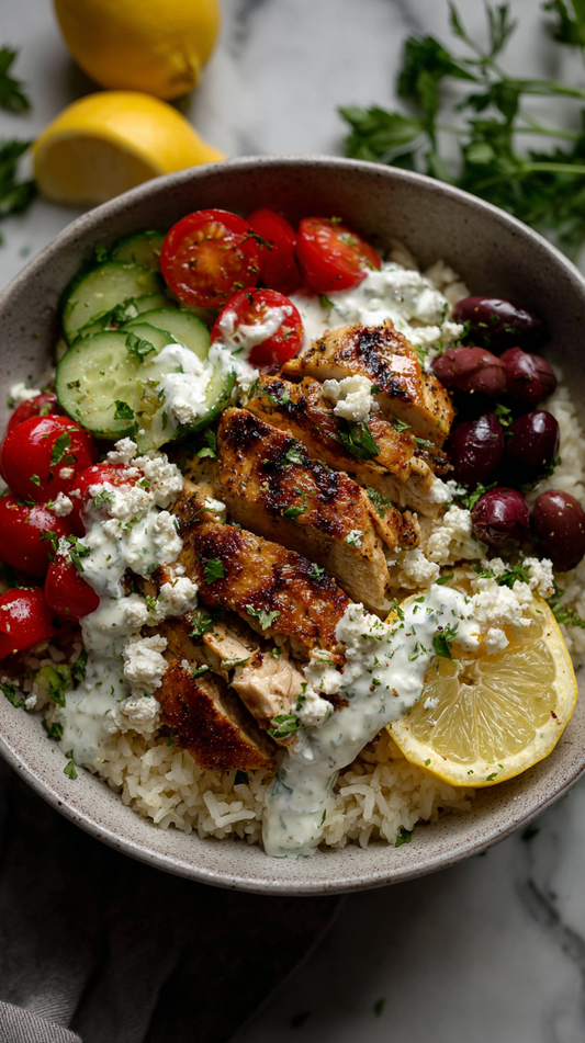 LOW CARB GREEK LEMON CHICKEN RICE BOWLS WITH TZATZIKI