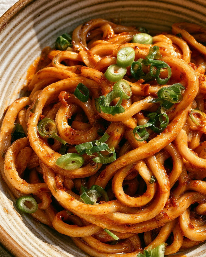 A bowl of thick low carb noodles tossed in glossy gochujang butter sauce, topped with sliced spring onion