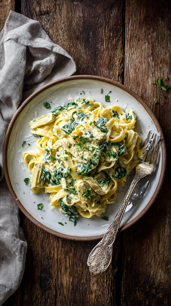 CREAMY ARTICHOKE & SPINACH FETTUCCINE