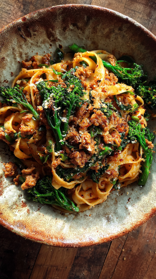 LOW CARB SPICY ITALIAN SAUSAGE & BROCCOLINI FETTUCCINE