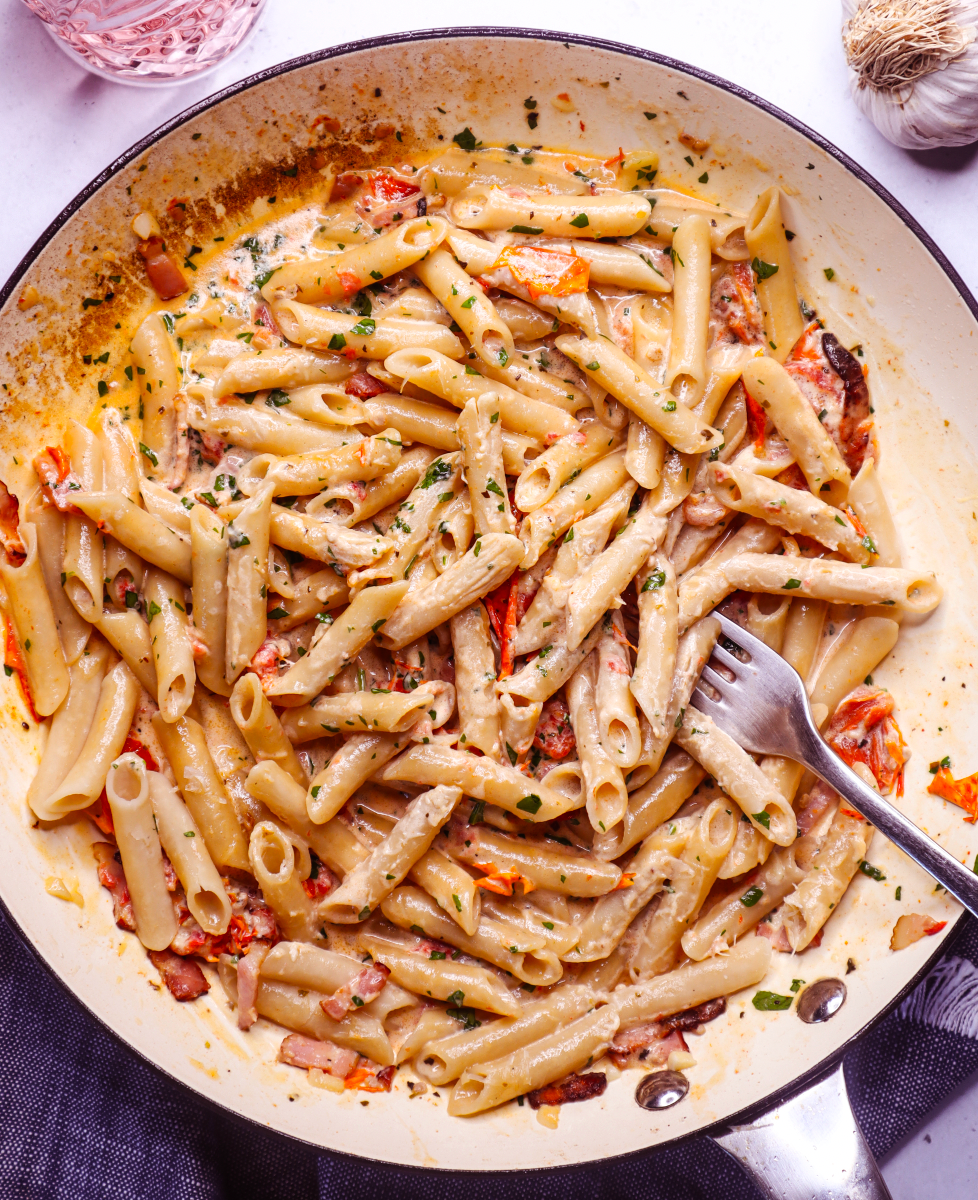 Low Carb Creamy Penne with Bacon and Sundried Tomatoes