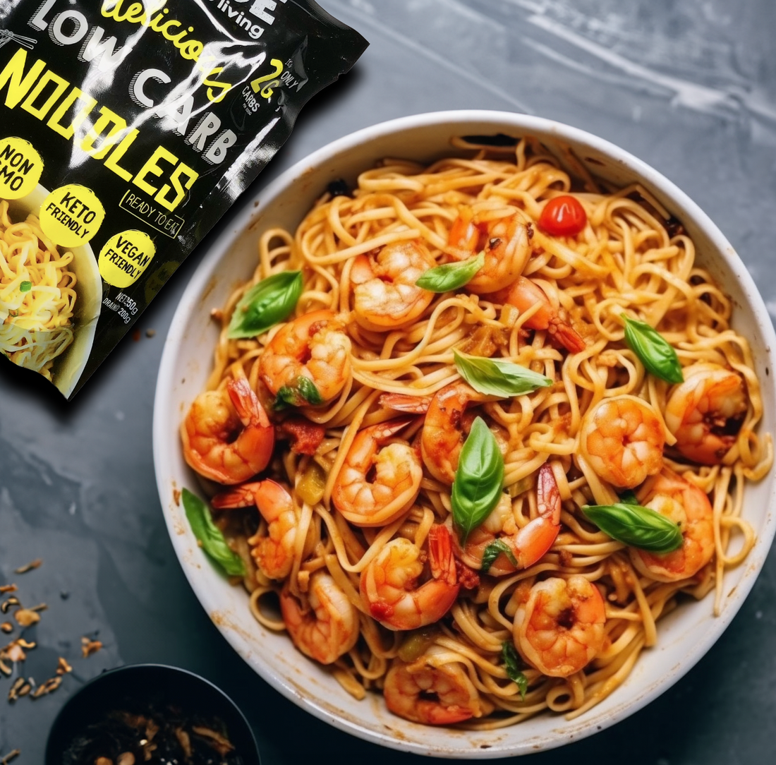 Low Carb Tomato Prawn and Garlic Noodles Stir Fry