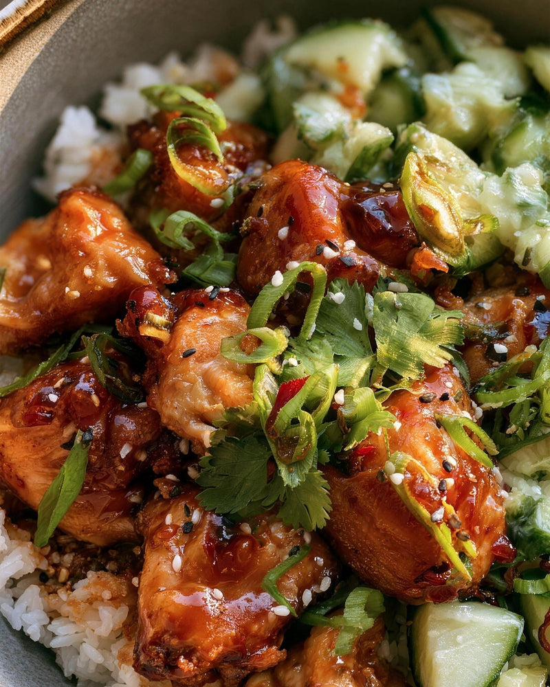 A bowl of sticky sweet chilli chicken over white rice with smashed cucumber, spring onion, coriander and sesame seeds