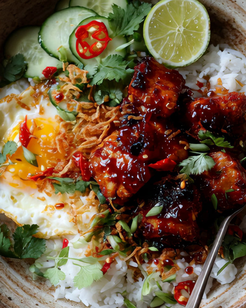 A bowl of sticky sambal chicken over white rice with a fried egg, cucumber, lime and fried shallots