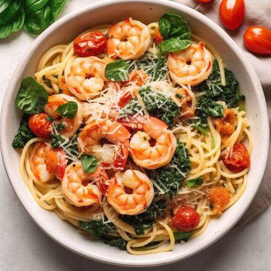 Low Carb Garlic Butter Prawn Pasta with Spinach and Tomatoes