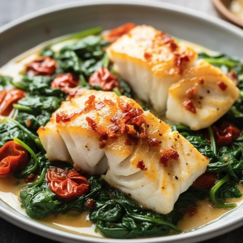 Low Carb Creamy Keto Tuscan Cod with Spinach and Sun-Dried Tomatoes
