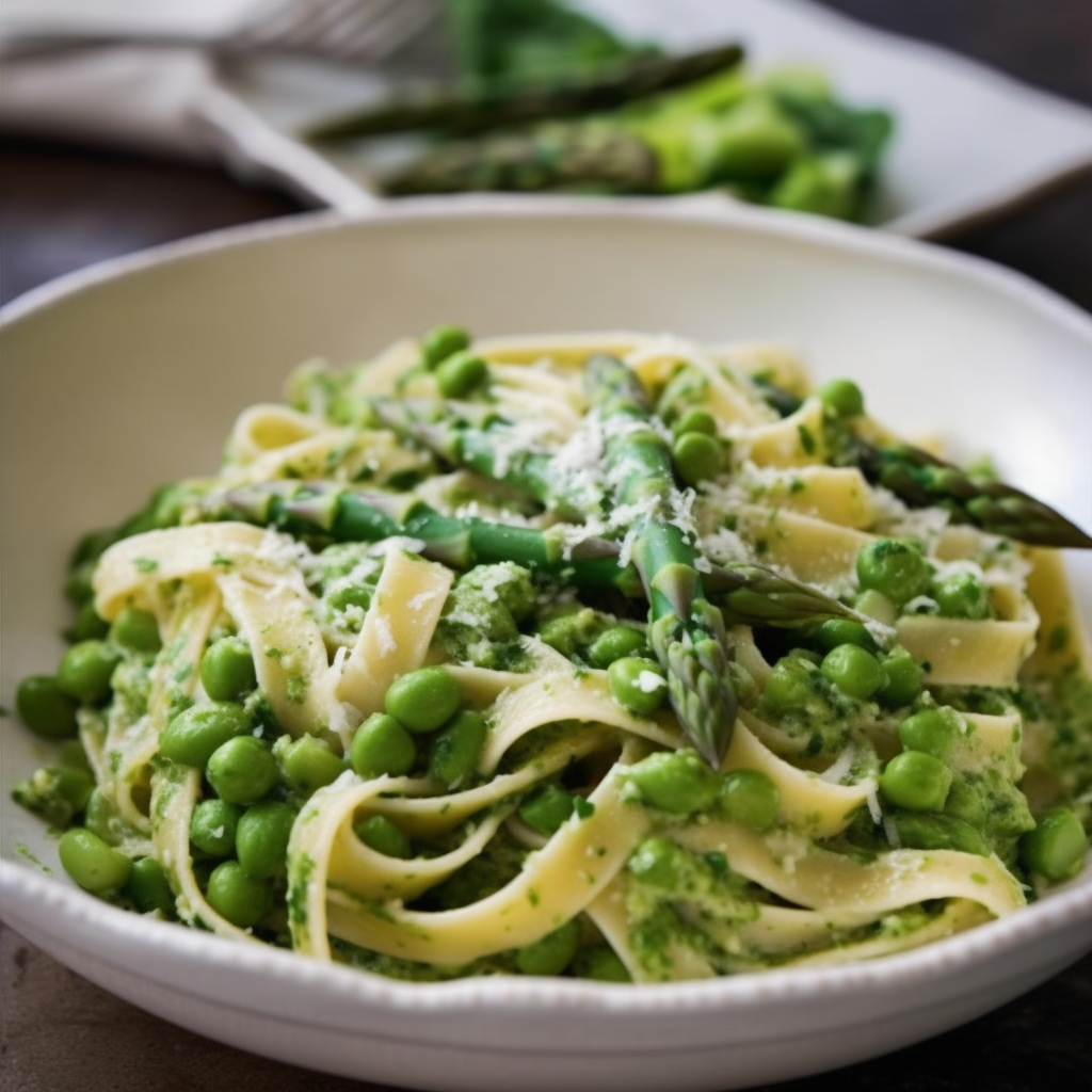 CREAMY FETTUCINE WITH SPINACH SAUCE, ASPARAGUS AND PEAS