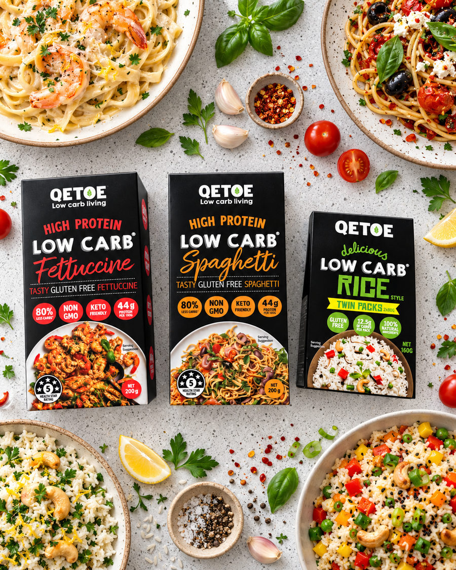 Qetoe Combo Starter Pack. 2 Qetoe Spaghetti pack, 2 Qetoe Fettucine Pack & 2 X Qetoe Rice Pack 160g.