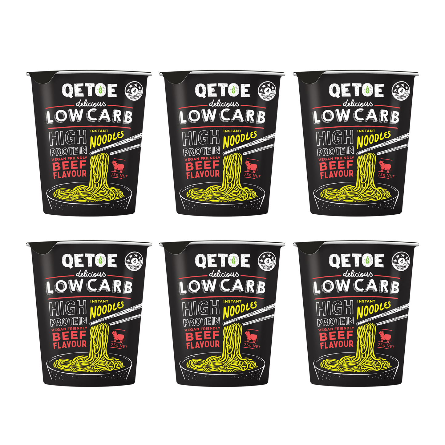 Qetoe Low Carb High Protein Instant Cup Noodle - BEEF 6 PACK