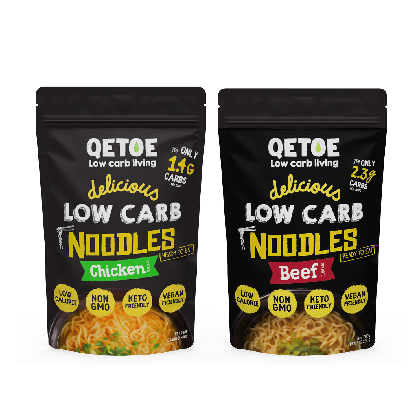 Qetoe Low Carb Instant Noodle Pack - 2x Chicken and 2 x Beef Flavour Packs